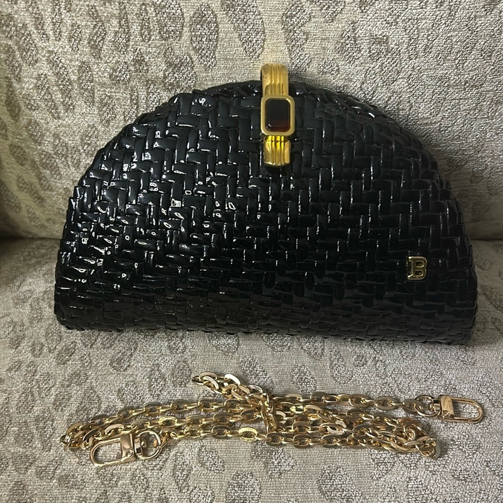 BALLY VINTAGE RARE Black Wicker and Lambskin Leather Clutch/Shoulder Bag - Picture 2 of 15